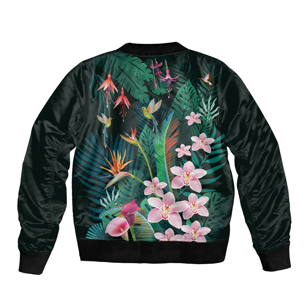 Hawaii Hummingbird Tropical Flowers Sleeve Zip Bomber Jacket Dark Green