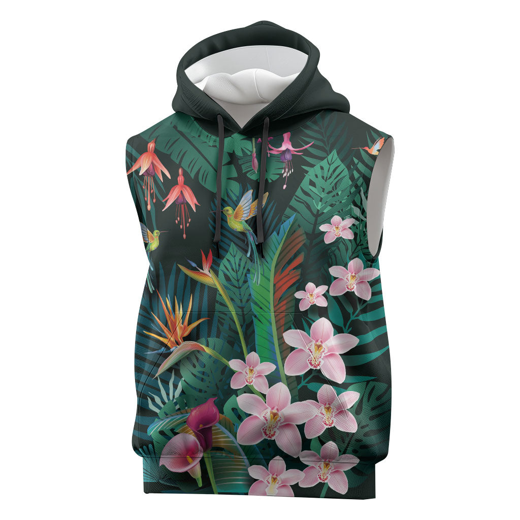 Hawaii Hummingbird Tropical Flowers Sleeveless Hoodie Dark Green