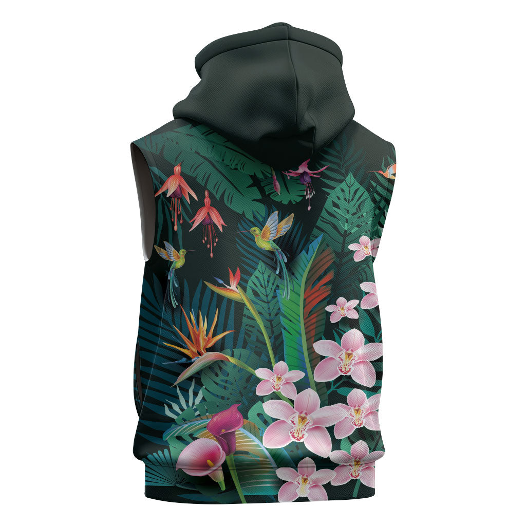 Hawaii Hummingbird Tropical Flowers Sleeveless Hoodie Dark Green