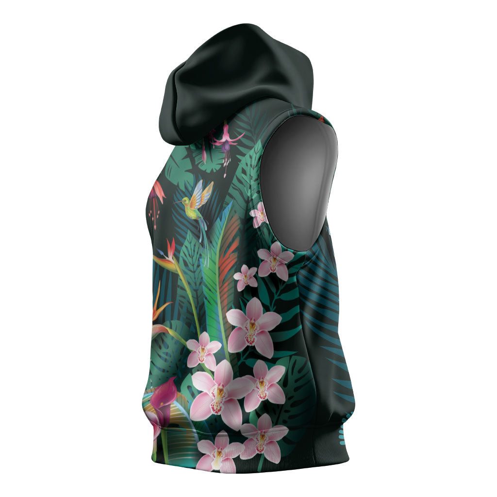 Hawaii Hummingbird Tropical Flowers Sleeveless Hoodie Dark Green