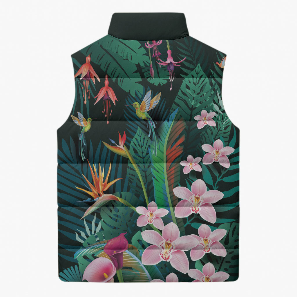 Hawaii Hummingbird Tropical Flowers Sleeveless Puffer Jacket Dark Green