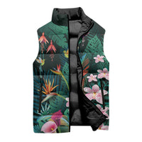 Hawaii Hummingbird Tropical Flowers Sleeveless Puffer Jacket Dark Green