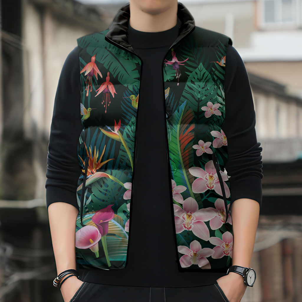 Hawaii Hummingbird Tropical Flowers Sleeveless Puffer Jacket Dark Green
