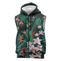 Hawaii Hummingbird Tropical Flowers Sleeveless Zip Hoodie Dark Green