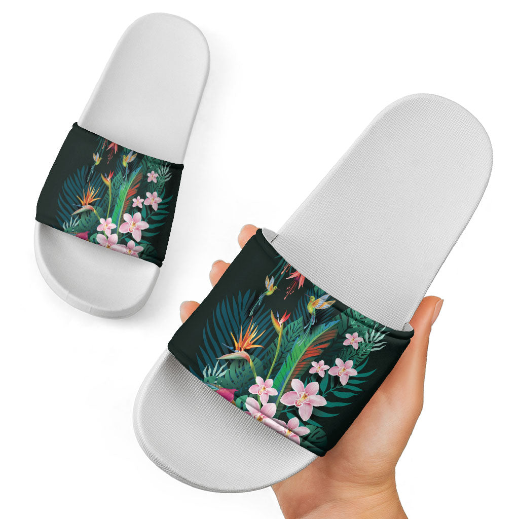 Hawaii Hummingbird Tropical Flowers Slide Sandals Dark Green