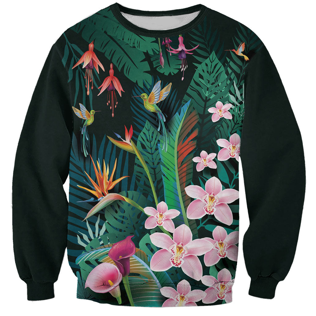 Hawaii Hummingbird Tropical Flowers Sweatshirt Dark Green LT01 Unisex Green - Polynesian Pride