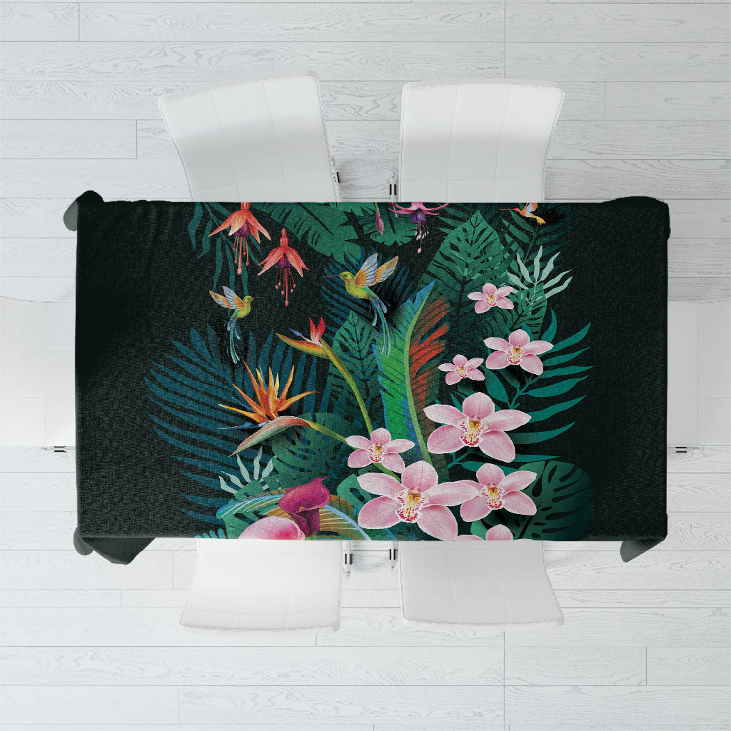 Hawaii Hummingbird Tropical Flowers Tablecloth Dark Green