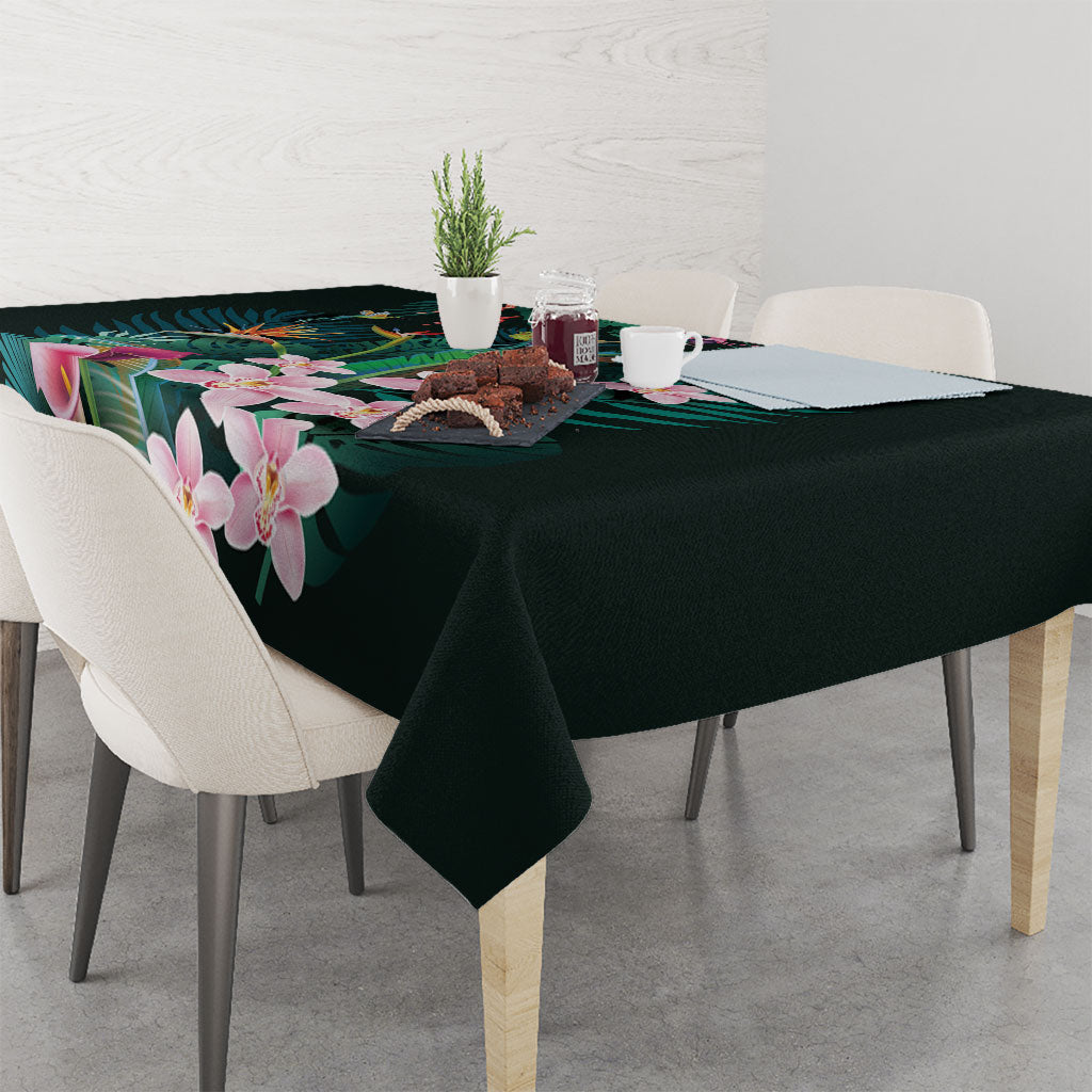 Hawaii Hummingbird Tropical Flowers Tablecloth Dark Green