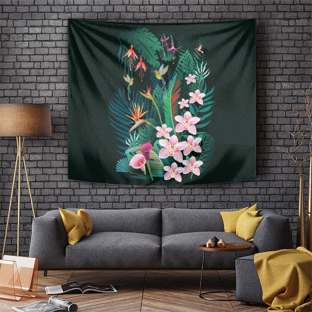 Hawaii Hummingbird Tropical Flowers Tapestry Dark Green