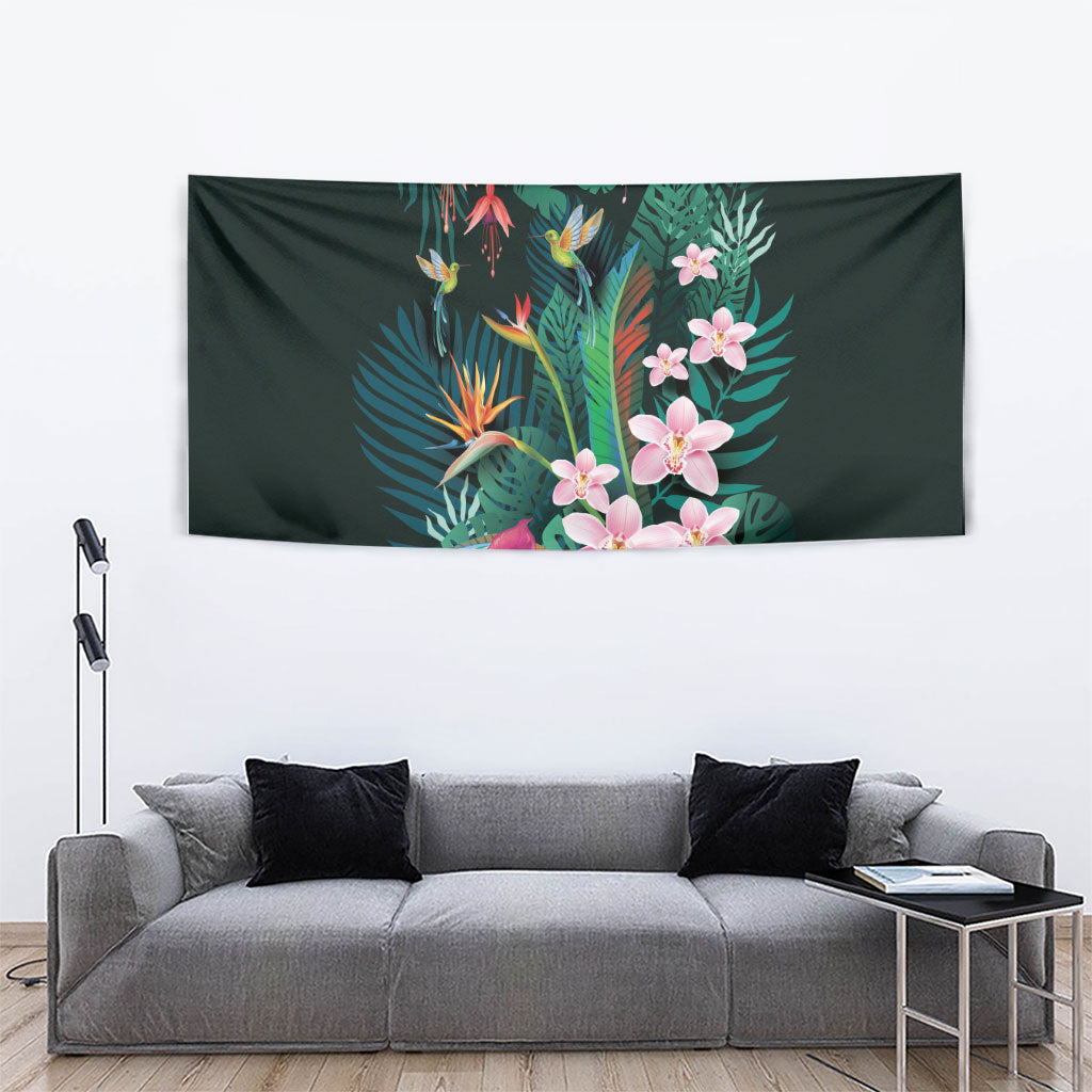 Hawaii Hummingbird Tropical Flowers Tapestry Dark Green