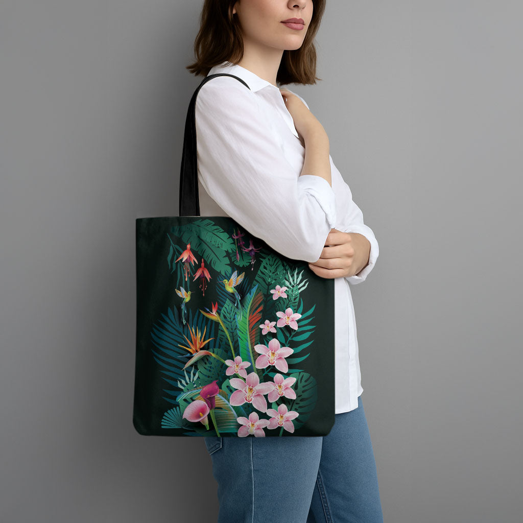 Hawaii Hummingbird Tropical Flowers Tote Bag Dark Green