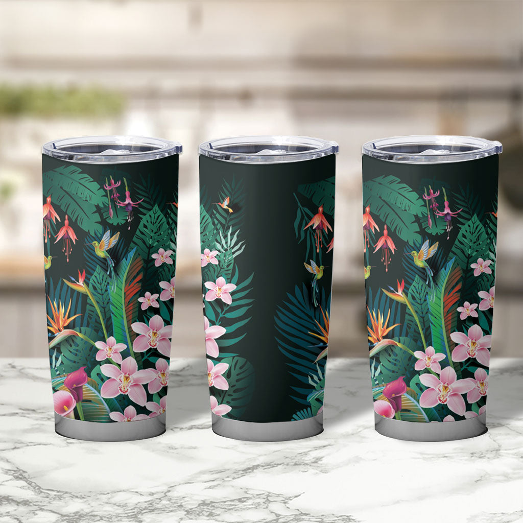 Hawaii Hummingbird Tropical Flowers Tumbler Cup Dark Green
