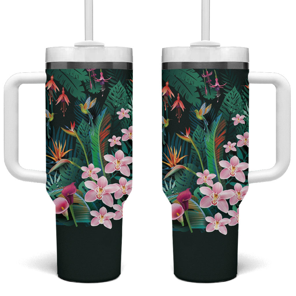 Hawaii Hummingbird Tropical Flowers Tumbler With Handle Dark Green
