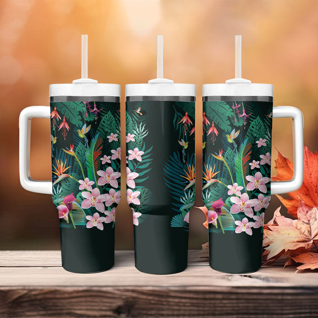 Hawaii Hummingbird Tropical Flowers Tumbler With Handle Dark Green