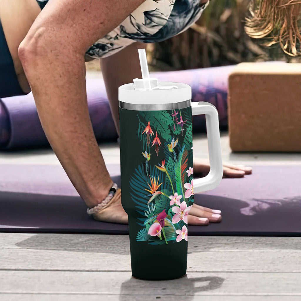 Hawaii Hummingbird Tropical Flowers Tumbler With Handle Dark Green