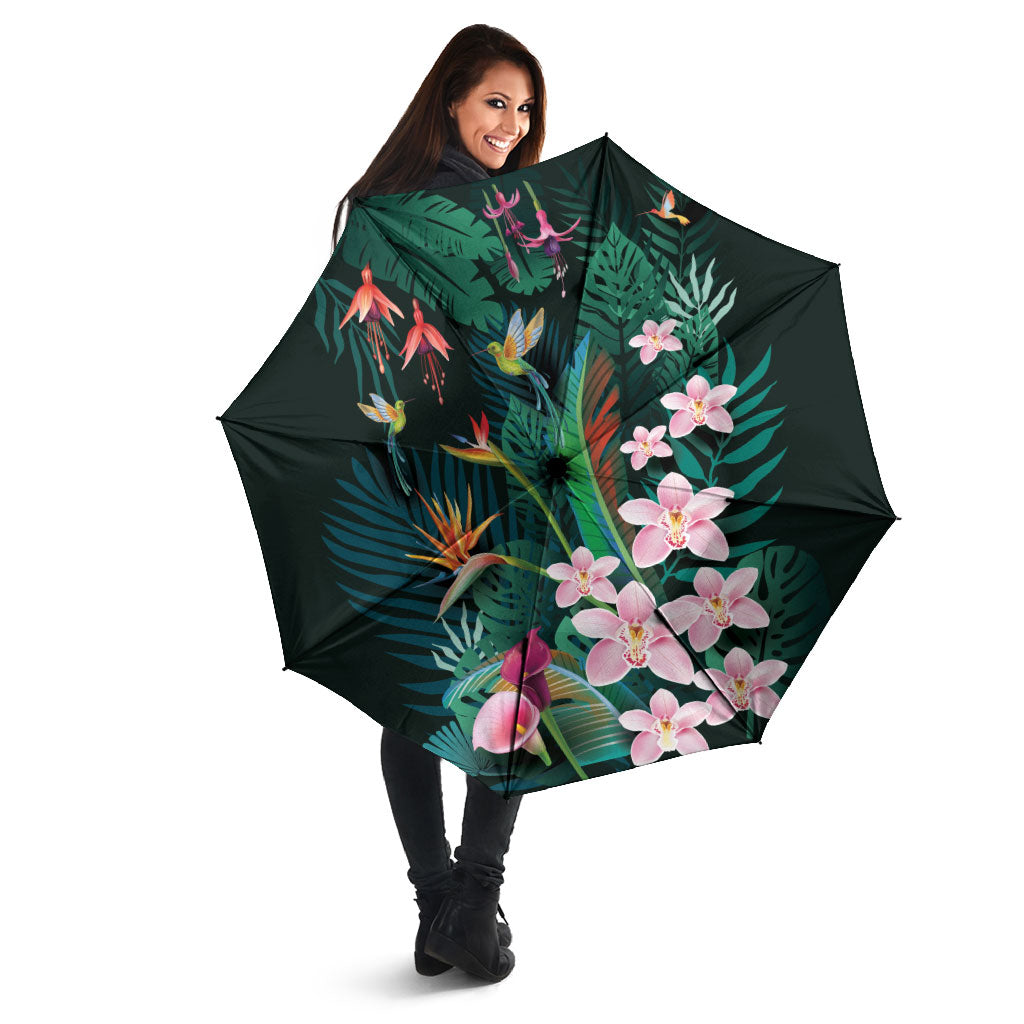 Hawaii Hummingbird Tropical Flowers Umbrella Dark Green