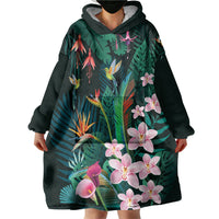 Hawaii Hummingbird Tropical Flowers Wearable Blanket Hoodie Dark Green