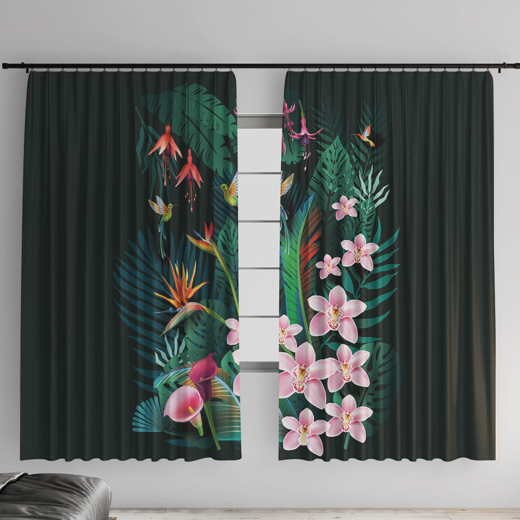 Hawaii Hummingbird Tropical Flowers Window Curtain Dark Green
