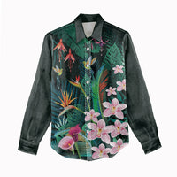 Hawaii Hummingbird Tropical Flowers Women Casual Shirt Dark Green