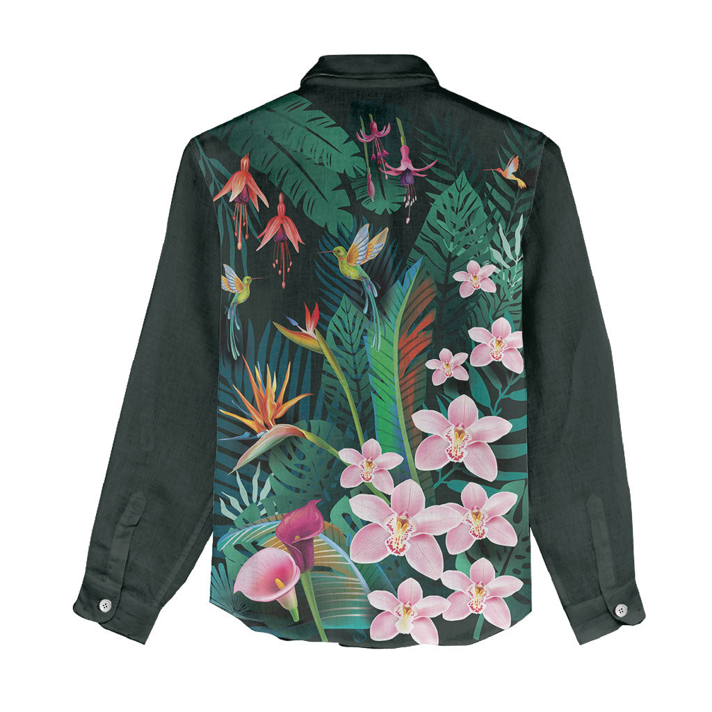 Hawaii Hummingbird Tropical Flowers Women Casual Shirt Dark Green