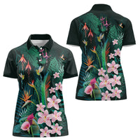 Hawaii Hummingbird Tropical Flowers Women Polo Shirt Dark Green