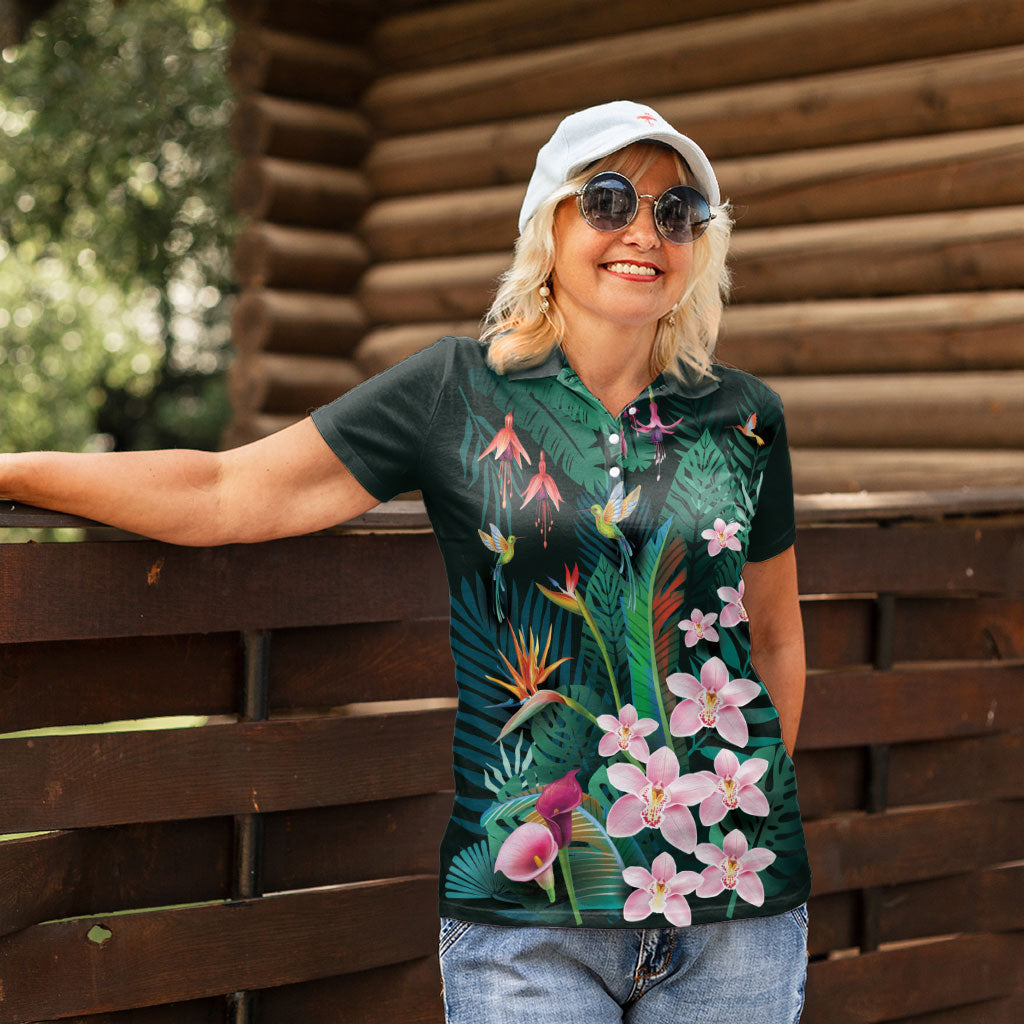 Hawaii Hummingbird Tropical Flowers Women Polo Shirt Dark Green