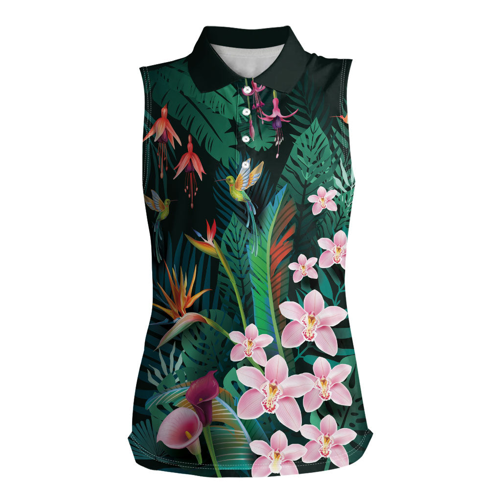 Hawaii Hummingbird Tropical Flowers Women Sleeveless Polo Shirt Dark Green