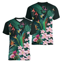 Hawaii Hummingbird Tropical Flowers Women V-Neck T-Shirt Dark Green