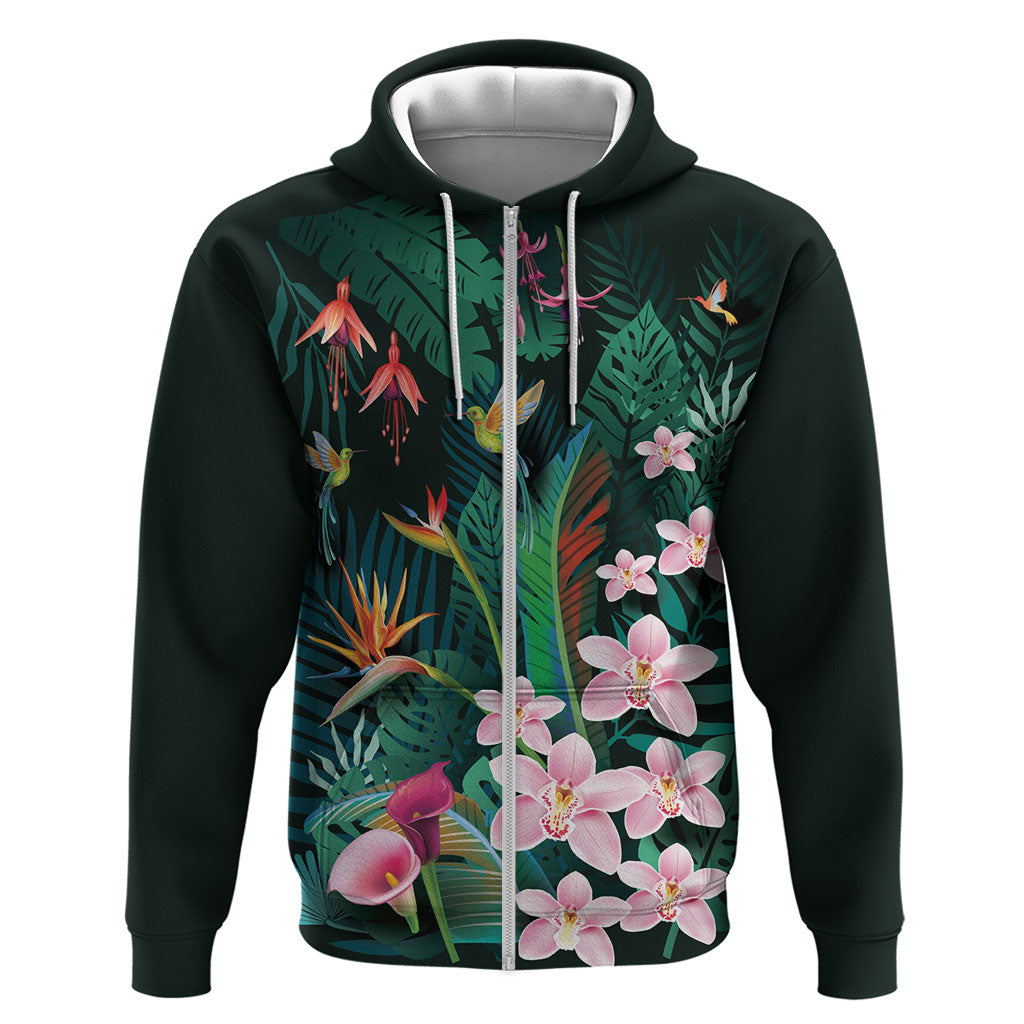 Hawaii Hummingbird Tropical Flowers Zip Hoodie Dark Green