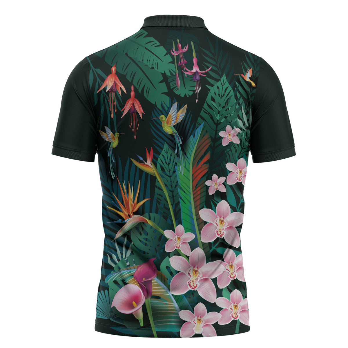 Hawaii Hummingbird Tropical Flowers Zipper Polo Shirt Dark Green