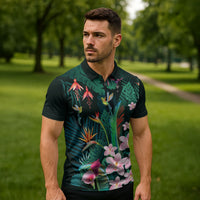 Hawaii Hummingbird Tropical Flowers Zipper Polo Shirt Dark Green