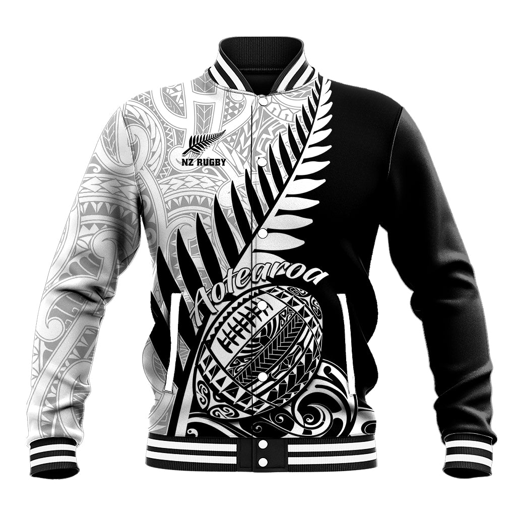 New Zealand Silver Fern Rugby Baseball Jacket Aotearoa Maori Black Version LT01 Unisex Black - Polynesian Pride