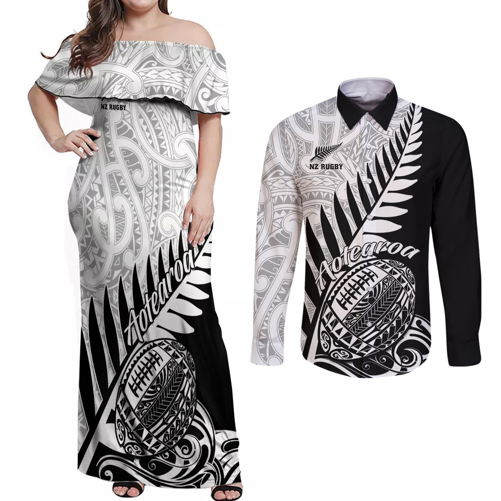 New Zealand Silver Fern Rugby Couples Matching Off Shoulder Maxi Dress and Long Sleeve Button Shirts Aotearoa Maori Black Version LT01 Black - Polynesian Pride