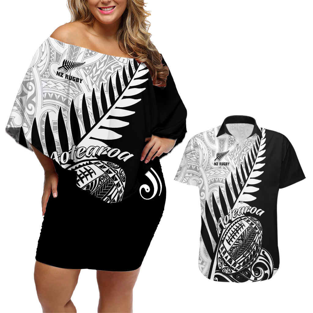 New Zealand Silver Fern Rugby Couples Matching Off Shoulder Short Dress and Hawaiian Shirt Aotearoa Maori Black Version LT01 Black - Polynesian Pride