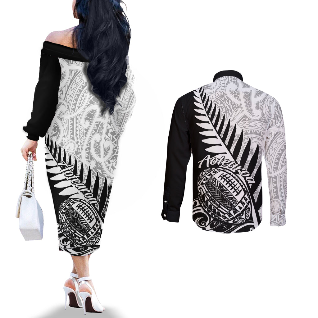 New Zealand Silver Fern Rugby Couples Matching Off The Shoulder Long Sleeve Dress and Long Sleeve Button Shirts Aotearoa Maori Black Version LT01 - Polynesian Pride