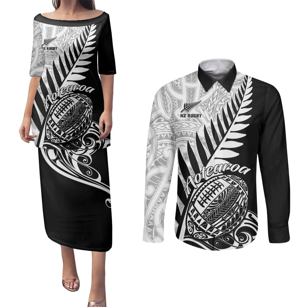 New Zealand Silver Fern Rugby Couples Matching Puletasi Dress and Long Sleeve Button Shirts Aotearoa Maori Black Version LT01 Black - Polynesian Pride