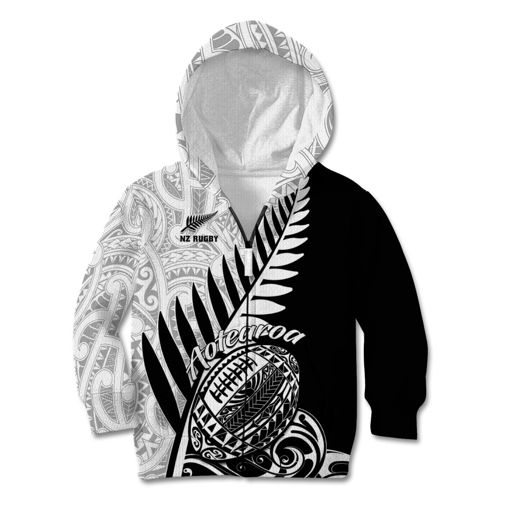 New Zealand Silver Fern Rugby Kid Hoodie Aotearoa Maori Black Version LT01 Zip Hoodie Black - Polynesian Pride