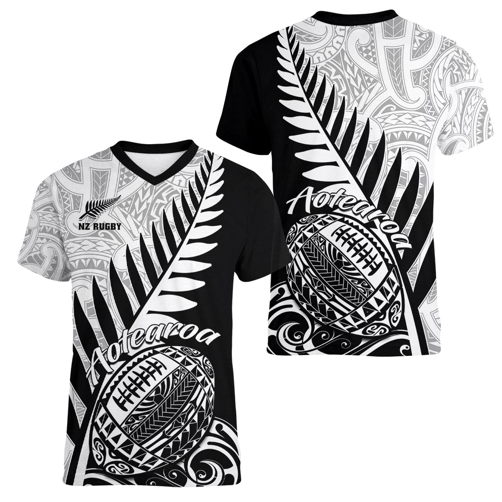 New Zealand Silver Fern Rugby Women V Neck T Shirt Aotearoa Maori Black Version LT01 - Polynesian Pride