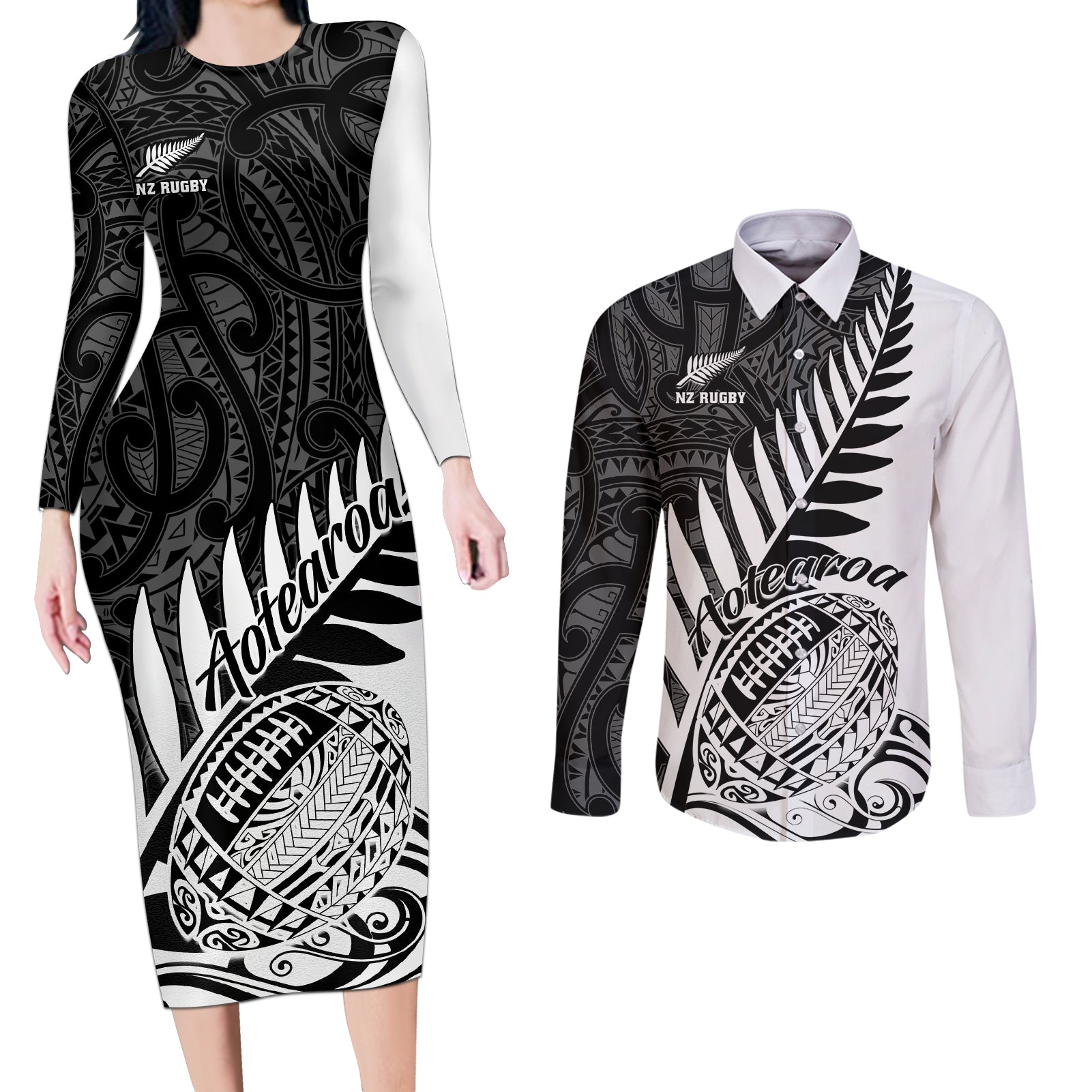 New Zealand Silver Fern Rugby Couples Matching Long Sleeve Bodycon Dress and Long Sleeve Button Shirts Aotearoa Maori White Version LT01 White - Polynesian Pride