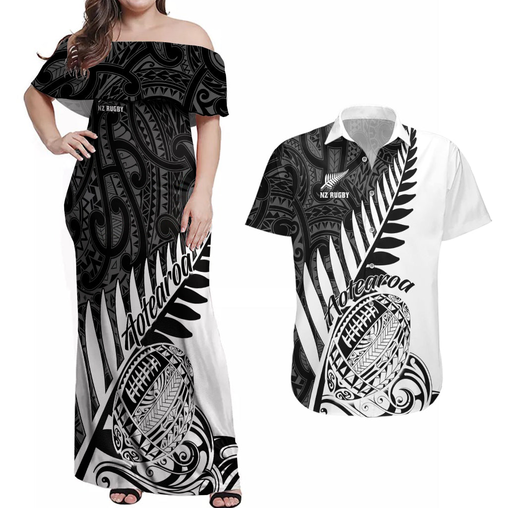 New Zealand Silver Fern Rugby Couples Matching Off Shoulder Maxi Dress and Hawaiian Shirt Aotearoa Maori White Version LT01 White - Polynesian Pride