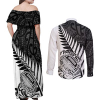New Zealand Silver Fern Rugby Couples Matching Off Shoulder Maxi Dress and Long Sleeve Button Shirts Aotearoa Maori White Version LT01 - Polynesian Pride