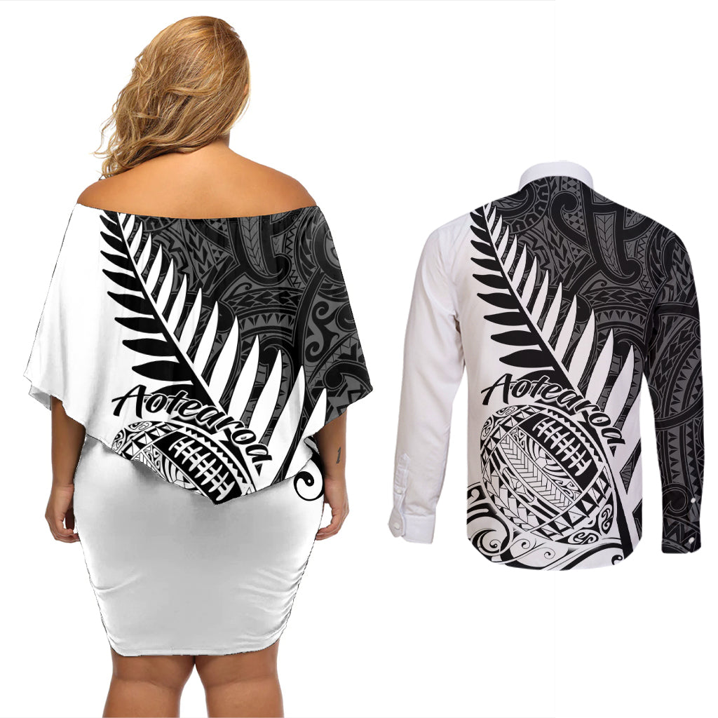 New Zealand Silver Fern Rugby Couples Matching Off Shoulder Short Dress and Long Sleeve Button Shirts Aotearoa Maori White Version LT01 - Polynesian Pride