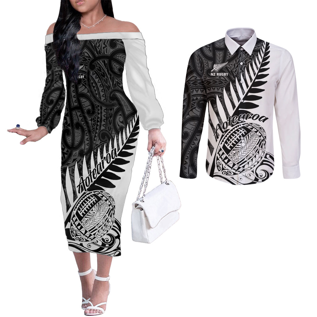 New Zealand Silver Fern Rugby Couples Matching Off The Shoulder Long Sleeve Dress and Long Sleeve Button Shirts Aotearoa Maori White Version LT01 White - Polynesian Pride