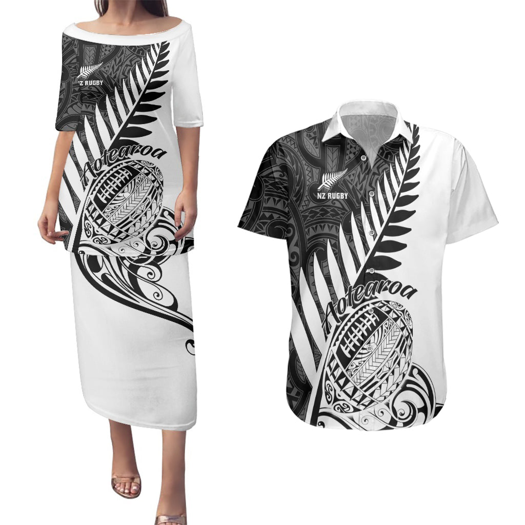 New Zealand Silver Fern Rugby Couples Matching Puletasi Dress and Hawaiian Shirt Aotearoa Maori White Version LT01 White - Polynesian Pride
