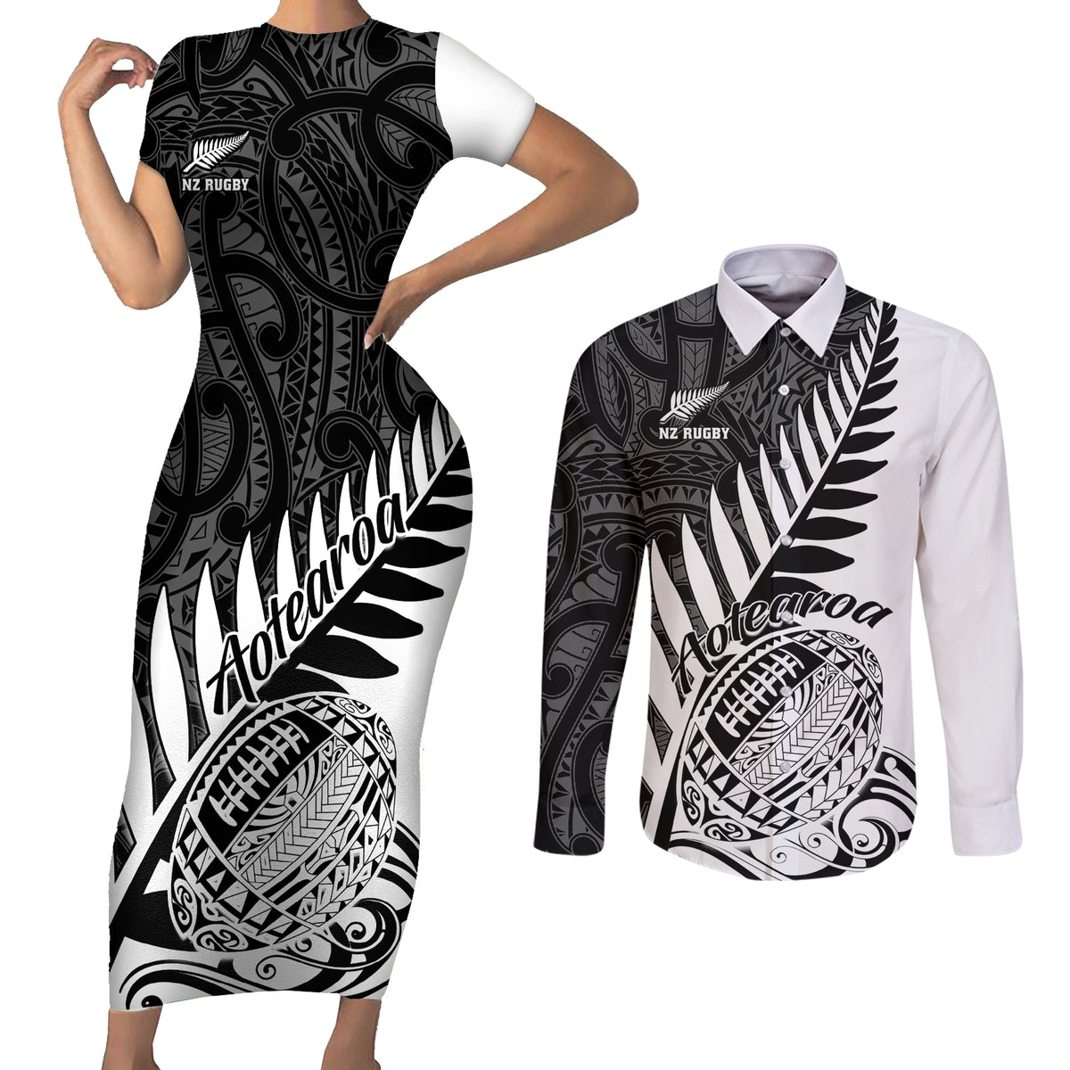 New Zealand Silver Fern Rugby Couples Matching Short Sleeve Bodycon Dress and Long Sleeve Button Shirts Aotearoa Maori White Version LT01 White - Polynesian Pride