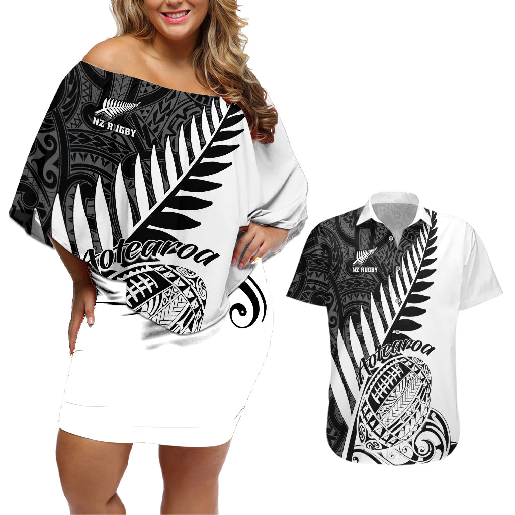 Custom New Zealand Silver Fern Rugby Couples Matching Off Shoulder Short Dress and Hawaiian Shirt Aotearoa Maori White Version LT01 White - Polynesian Pride