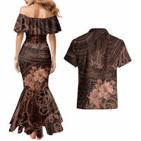 Bula Fiji Masi Couples Matching Mermaid Dress and Hawaiian Shirt Fijian Tapa Vintage Dark Brown Version LT01 - Polynesian Pride