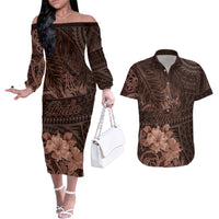 Bula Fiji Masi Couples Matching Off The Shoulder Long Sleeve Dress and Hawaiian Shirt Fijian Tapa Vintage Dark Brown Version LT01 Brown - Polynesian Pride