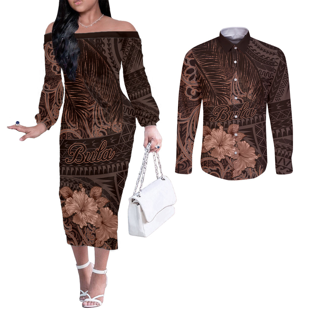 Bula Fiji Masi Couples Matching Off The Shoulder Long Sleeve Dress and Long Sleeve Button Shirt Fijian Tapa Vintage Dark Brown Version LT01 Brown - Polynesian Pride