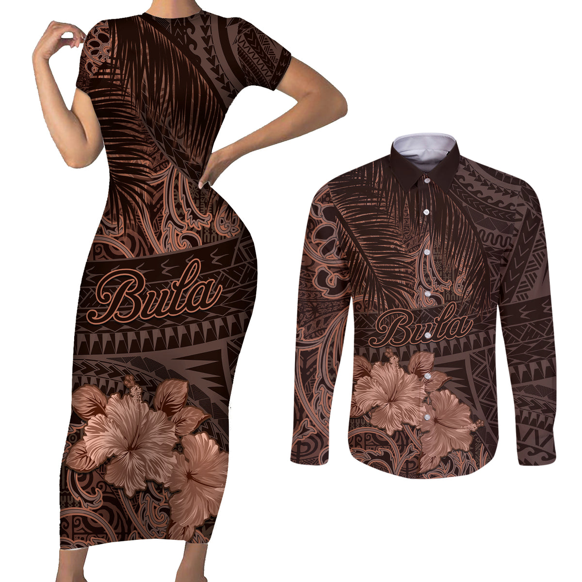 Bula Fiji Masi Couples Matching Short Sleeve Bodycon Dress and Long Sleeve Button Shirt Fijian Tapa Vintage Dark Brown Version LT01 Brown - Polynesian Pride